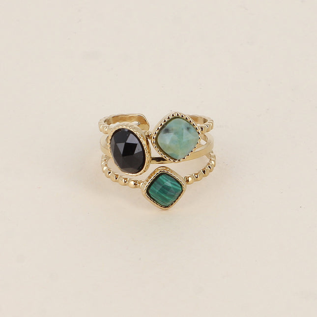 Gaïa Ring - 3 milgrain effect bands and 3 square and oval natural stones