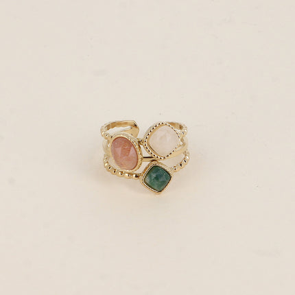 Bague Gaïa - 3 anneaux effet milgrain et 3 pierres naturelles carrées et ovale