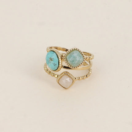 Bague Gaïa - 3 anneaux effet milgrain et 3 pierres naturelles carrées et ovale