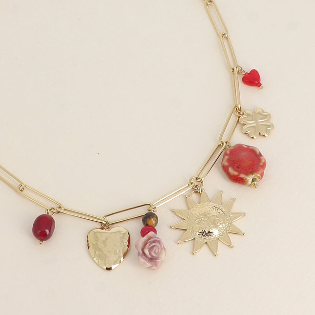 Necklace - sun, heart, resin flower, glazed ceramic bead