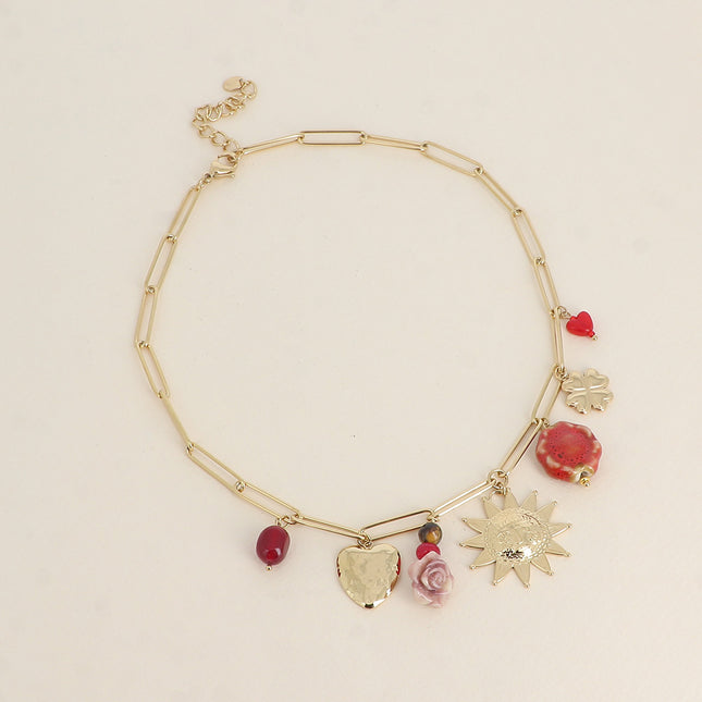 Necklace - sun, heart, resin flower, glazed ceramic bead