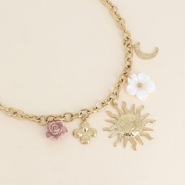 Necklace - resin flower, mother-of-pearl flower, sun, moon and clover