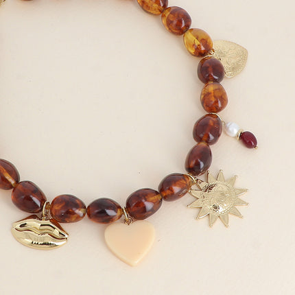 Collier sur fil Café Crème - bouche, soleil, coeur, coeur en résine et pierres naturelles