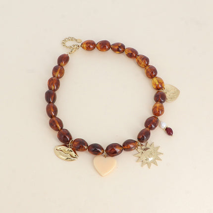 Collier sur fil Café Crème - bouche, soleil, coeur, coeur en résine et pierres naturelles