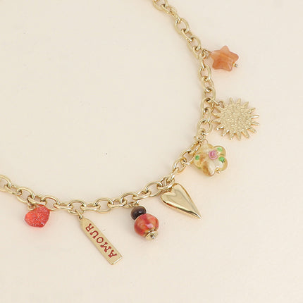 Necklace - heart, resin flower, enamel LOVE plaque, sun and pearl