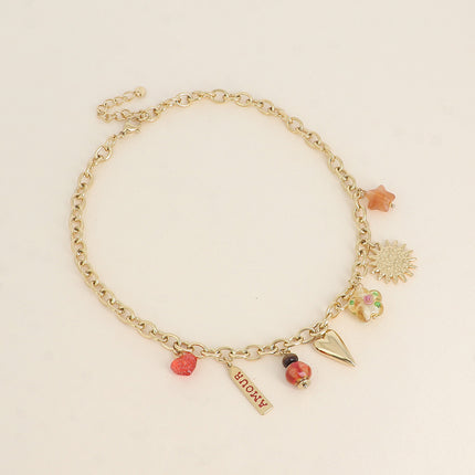 Necklace - heart, resin flower, enamel LOVE plaque, sun and pearl