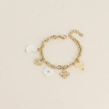 Bracelet - trèfle, coeurs, lune et fleur nacrées, coeur en résine