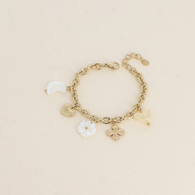 Bracelet - clover, hearts, moon and mother-of-pearl flower, resin heart