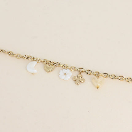 Bracelet - trèfle, coeurs, lune et fleur nacrées, coeur en résine