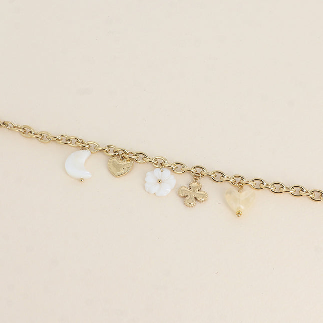 Bracelet - clover, hearts, moon and mother-of-pearl flower, resin heart