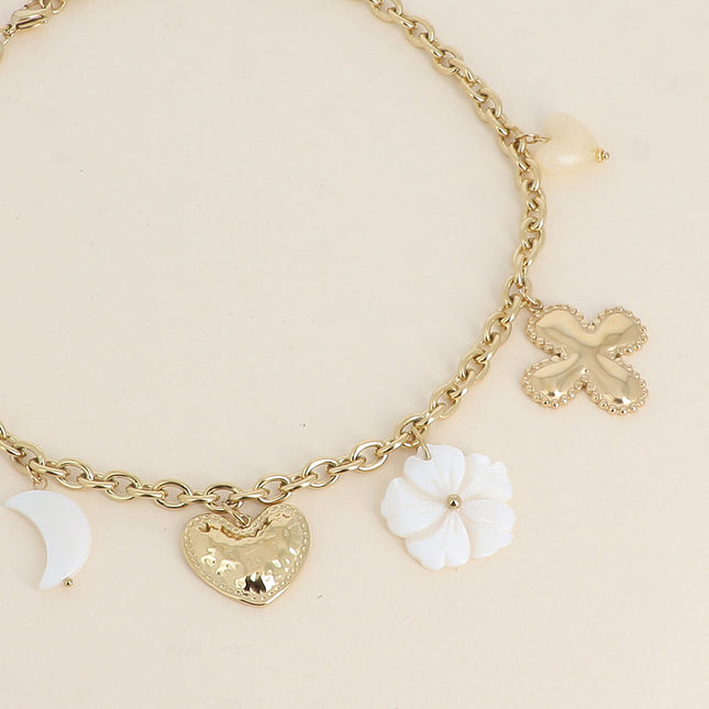 Necklace - clover, hearts, moon and pearly flower, resin heart