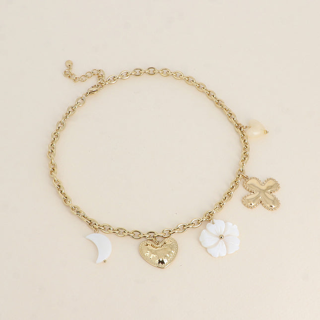 Necklace - clover, hearts, moon and pearly flower, resin heart