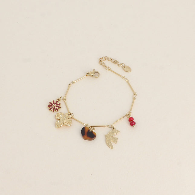 Bracelet - bird and flower, resin heart, enamel flower, natural stones
