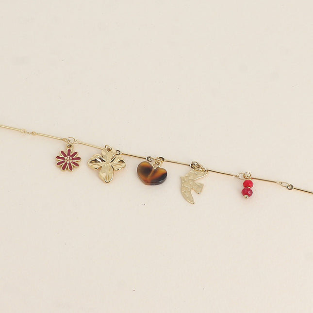 Bracelet - bird and flower, resin heart, enamel flower, natural stones