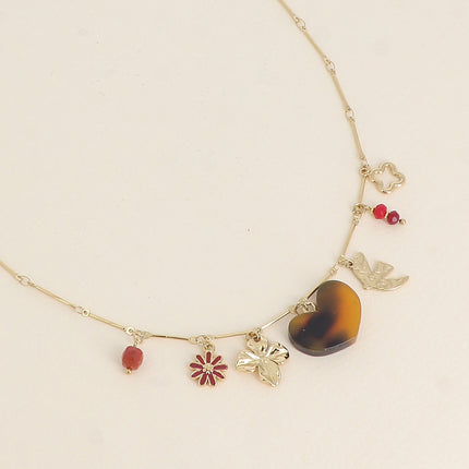 Collier - oiseau et fleur, coeur en résine, fleur en émail, pierres naturelles