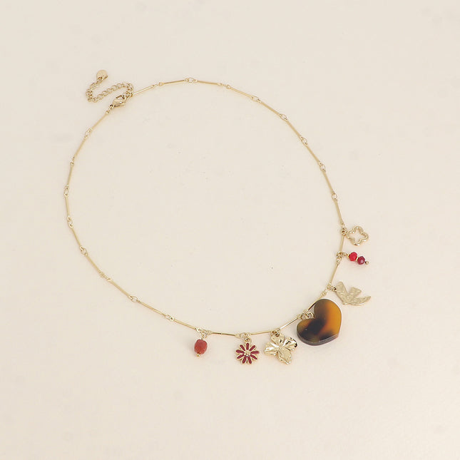 Necklace - bird and flower, resin heart, enamel flower, natural stones