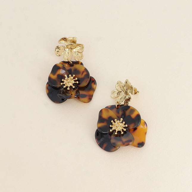 Dangle earrings - textured flower and acetate drop pieces