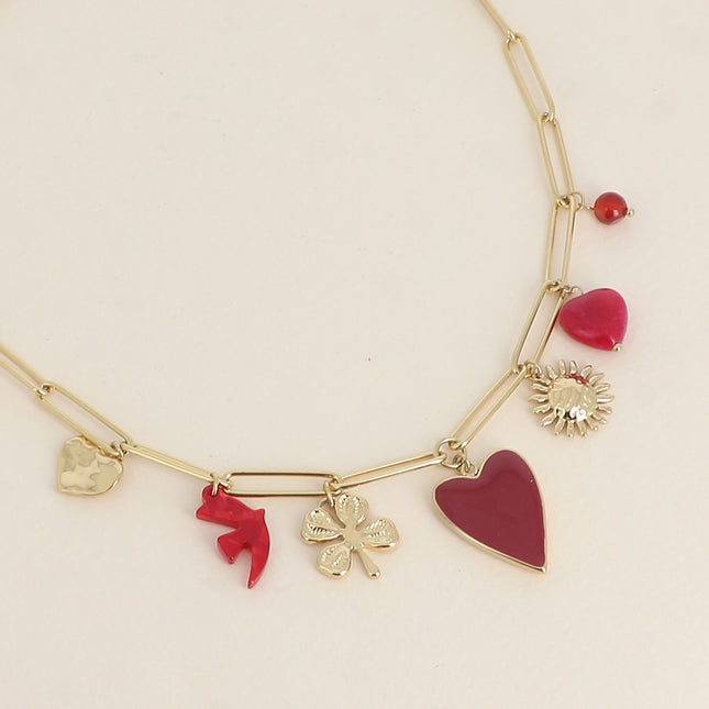 Necklace - hammered heart, resin bird, enamel heart, flower, natural stone heart