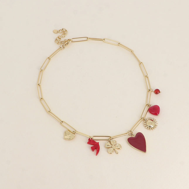 Necklace - hammered heart, resin bird, enamel heart, flower, natural stone heart