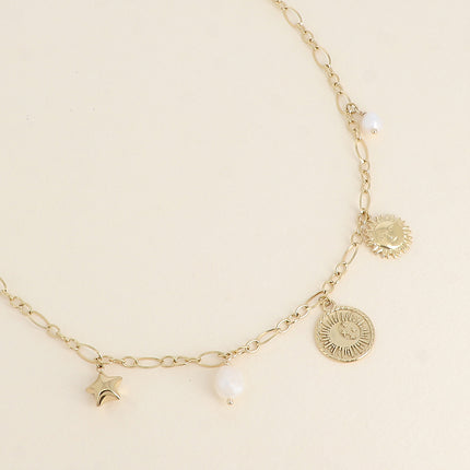 Collier - maille ovale alternée, breloques (étoile, éclipse, soleil) et perles d'eau douce