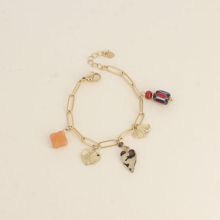 Bracelet - coeurs, en résine léopard, trèfle en pierre naturelle, ginko et perles
