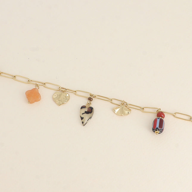 Bracelet - hearts, in leopard resin, natural stone clover, ginkgo and beads