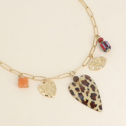 Collier - coeurs, en résine léopard, trèfle en pierre naturelle, ginko et perles