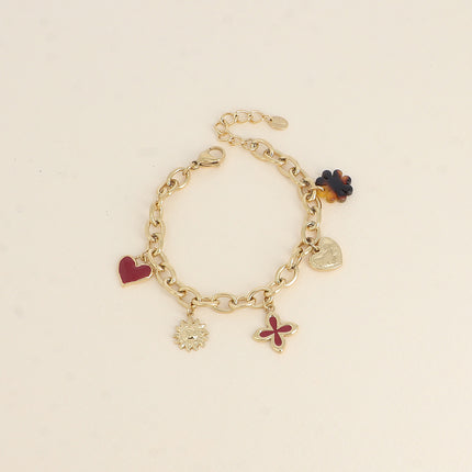 Bracelet - pendentifs (trèfles, coeurs, émail, soleil, fleur en résine léopard)