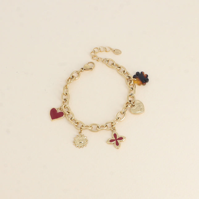 Bracelet - pendentifs (trèfles, coeurs, émail, soleil, fleur en résine léopard)