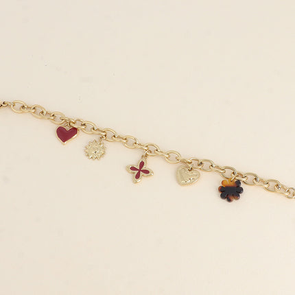 Bracelet - pendentifs (trèfles, coeurs, émail, soleil, fleur en résine léopard)