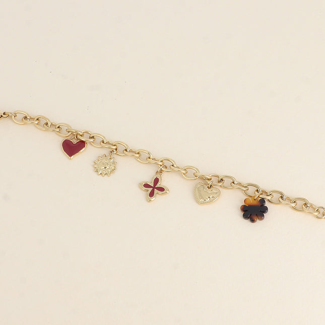 Bracelet - pendentifs (trèfles, coeurs, émail, soleil, fleur en résine léopard)