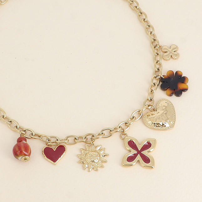 Necklace - pendants (clovers, hearts, enamel, sun, leopard resin flower)