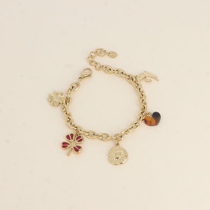 Bracelet - pendants (clovers with enamel, sun, resin heart, hammered bird)