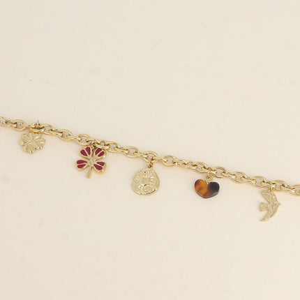 Bracelet - pendants (clovers with enamel, sun, resin heart, hammered bird)