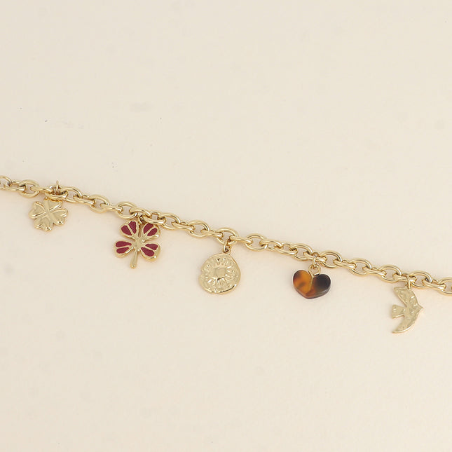 Bracelet - pendants (clovers with enamel, sun, resin heart, hammered bird)