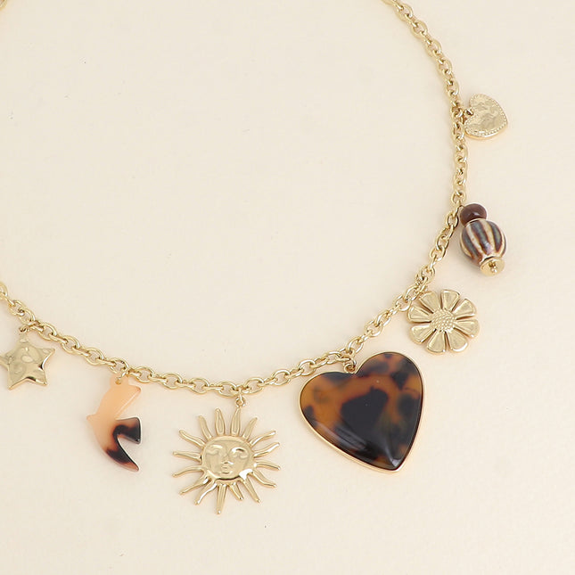 Lior Necklace - pendants (star, sun, resin bird, enamel heart, flower, beads, heart)