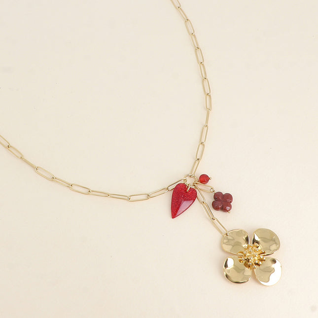 Katell Necklace - glitter resin heart, resin flower and clover, and pearl