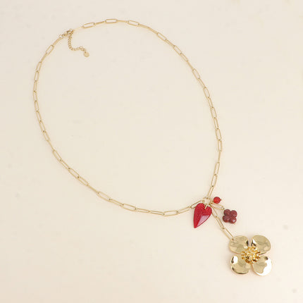 Collier Katell- coeur en résine pailleté, fleur, trèfle en résine et perle