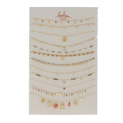 Kit de 24(12+12) colliers - doré oeil de tigre, multi - prix moyen de 8,40€/pc - Présentoir offert
