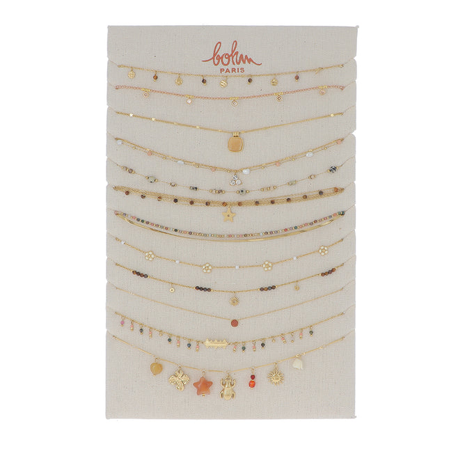 Kit de 24(12+12) colliers - doré oeil de tigre, multi - prix moyen de 8,40€/pc - Présentoir offert