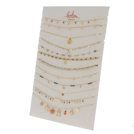 Kit de 24(12+12) colliers - doré oeil de tigre, multi - prix moyen de 8,40€/pc - Présentoir offert