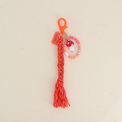 Handmade keychain - glazed ceramic mushroom, beads and braided cord