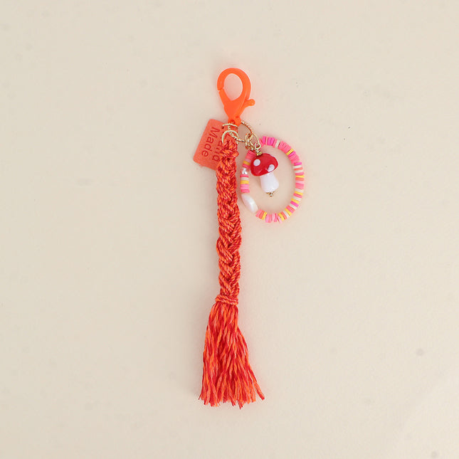 Handmade keychain - glazed ceramic mushroom, beads and braided cord