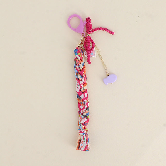 Porte-clé fait-main - noeud en perles, perle Love coeur, poisson et cordon tressé