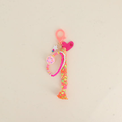 Porte-clé fait-main - perles, donut en résine, coeur et cordon tressé