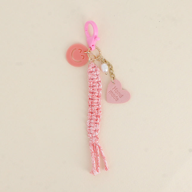 Porte-clé fait-main - coeur sur simili cuir, smiley en résine, perles et cordon tressé