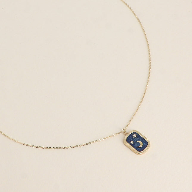 Aquila Necklace - enamel plaque with moon, stars and cubic zirconia
