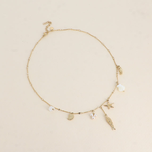 Necklace - marine-themed charms (resin beads, starfish, fish, seashells and seahorse)