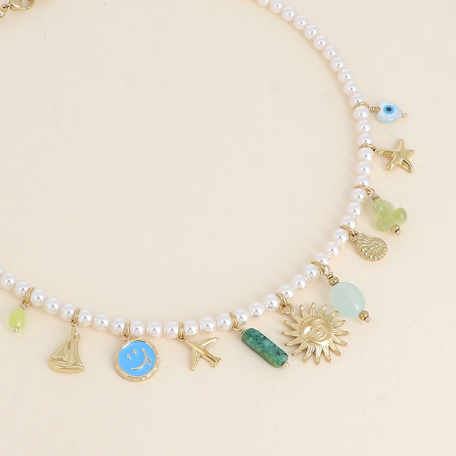 Necklace on a thread - white resin beads, star, snail shell, sun, airplane, sailboat, enameled smiley face, natural stone