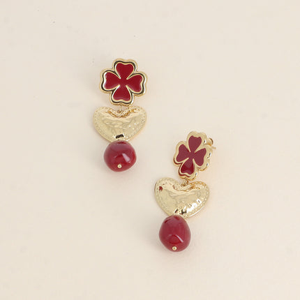 Hoop earrings - 3 pieces (enamel clover, textured heart and pearl)